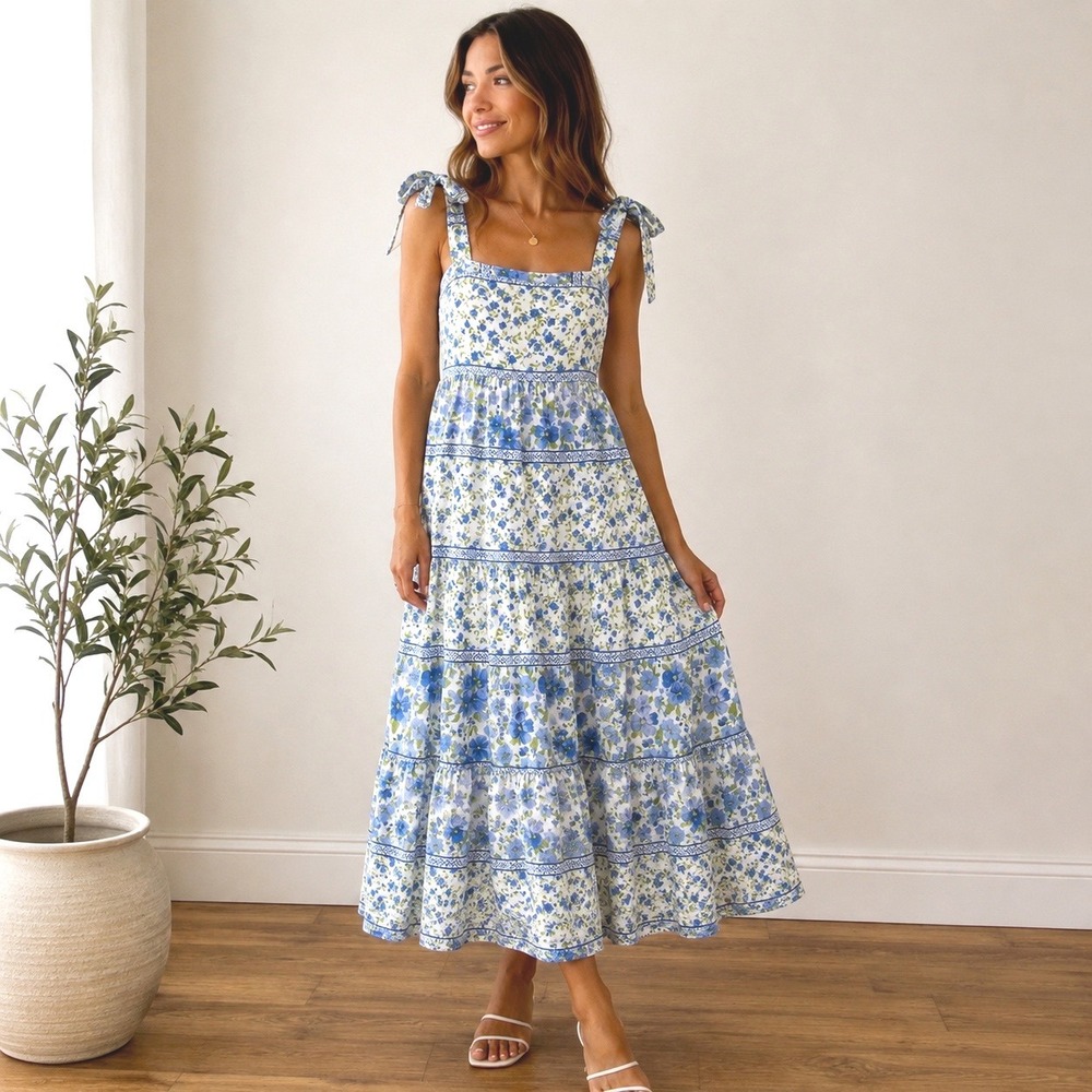 By The River Womens Floral Tiered Midi Dress M Boho Dainty Romantic Cottagecore